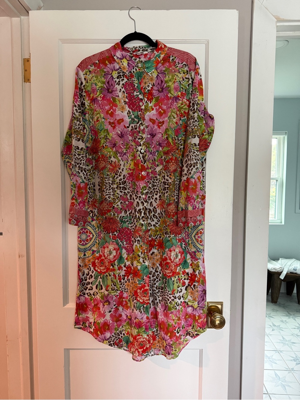 Johnny Was Pink Multicolor Floral & Leopard Print Long Sleeve Tunic